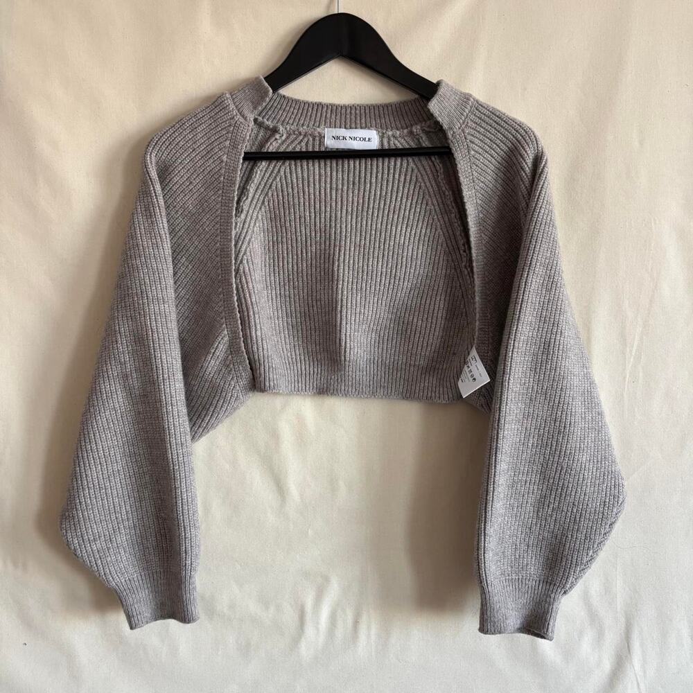Nick Nicole Grey Sculptural Balloon Sleeve Cropped Knit Shrug - Size S